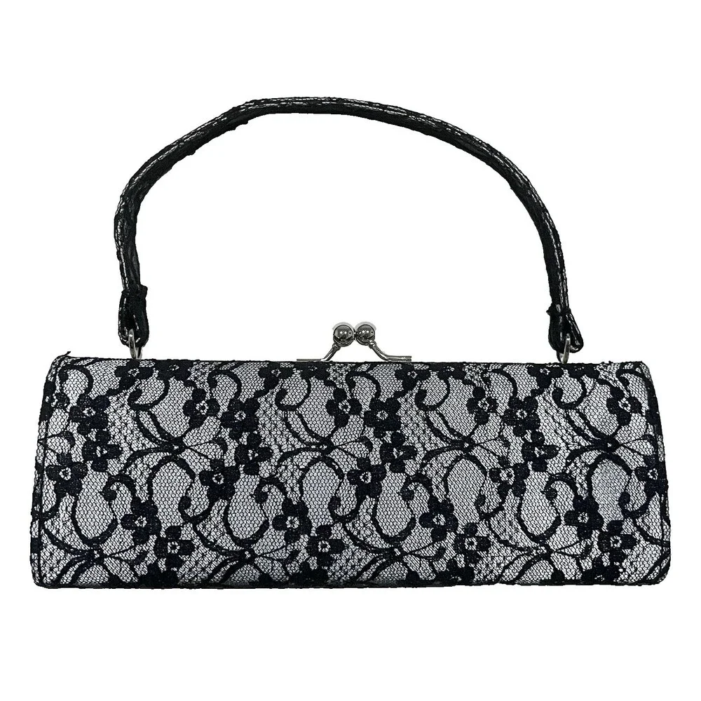 Elegant Vintage-style Black Lace Silver Clutch Purse Handbag 8.5 In Wedding Prom